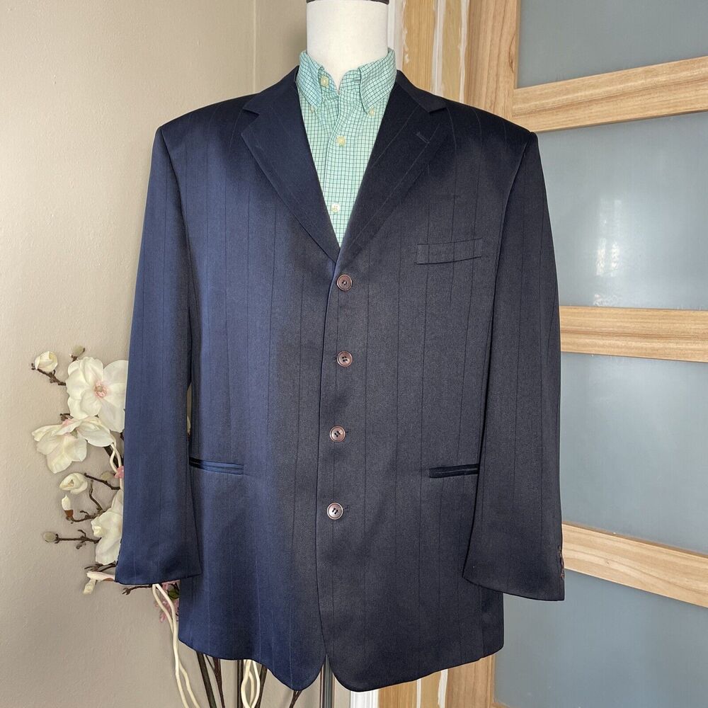 Pacelli Men's Pinstripe Blazer Dark Navy Tailored Multi Button Sport Coat 46R